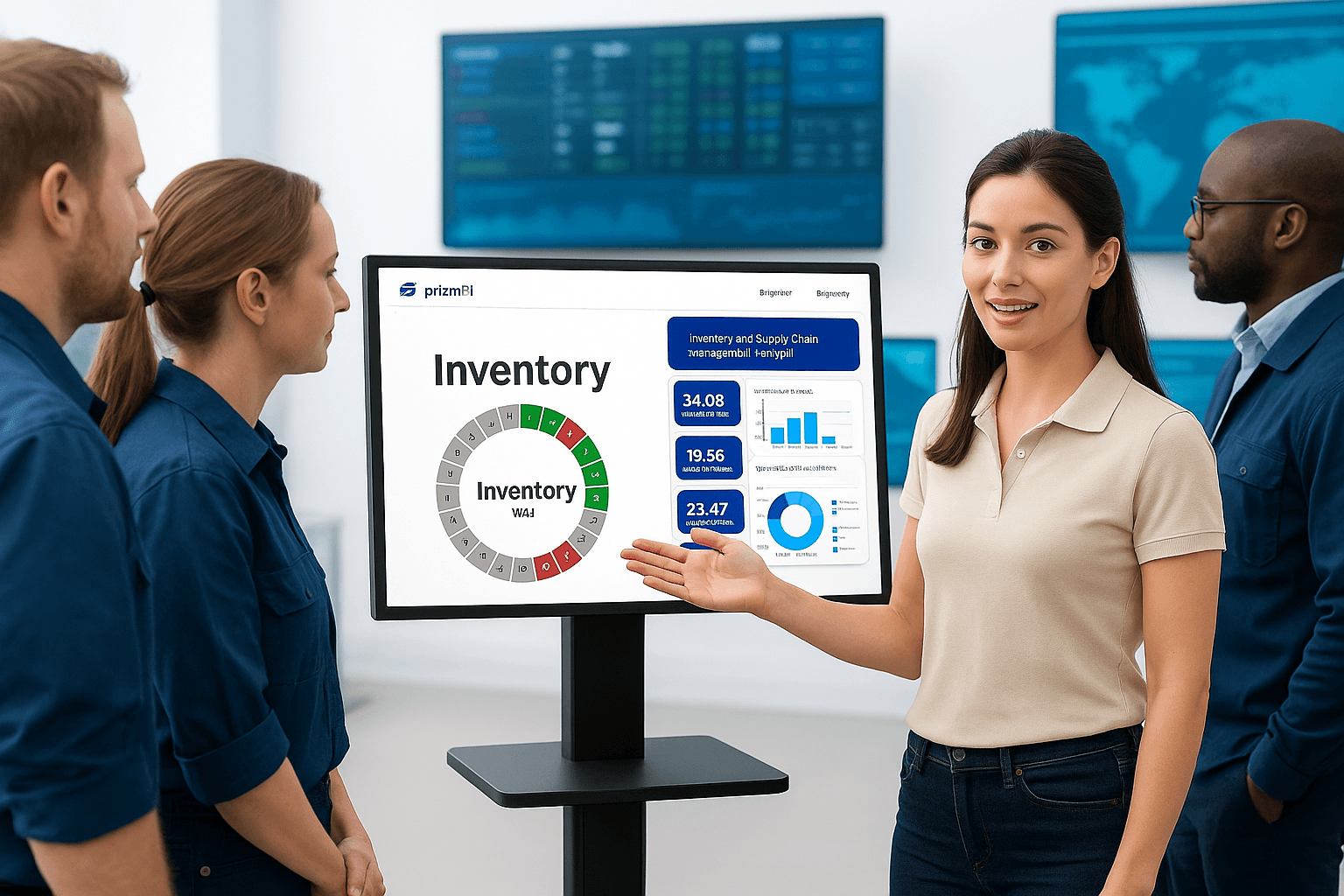 Professional woman working with business analytics dashboard showing productivity metrics
